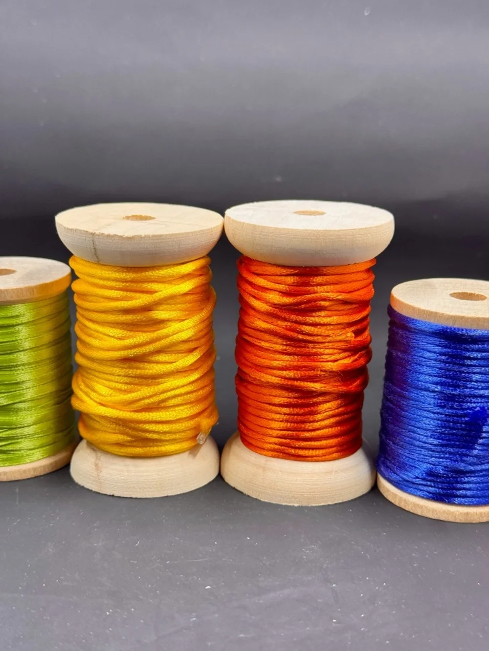 Six Wood Spools of Vibrant Satin Rattail Cording Spools for Crafts